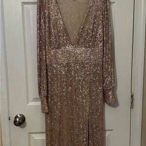 Macy's Rose Gold Sequin Long Sleeve V-Neck Evening Dress
